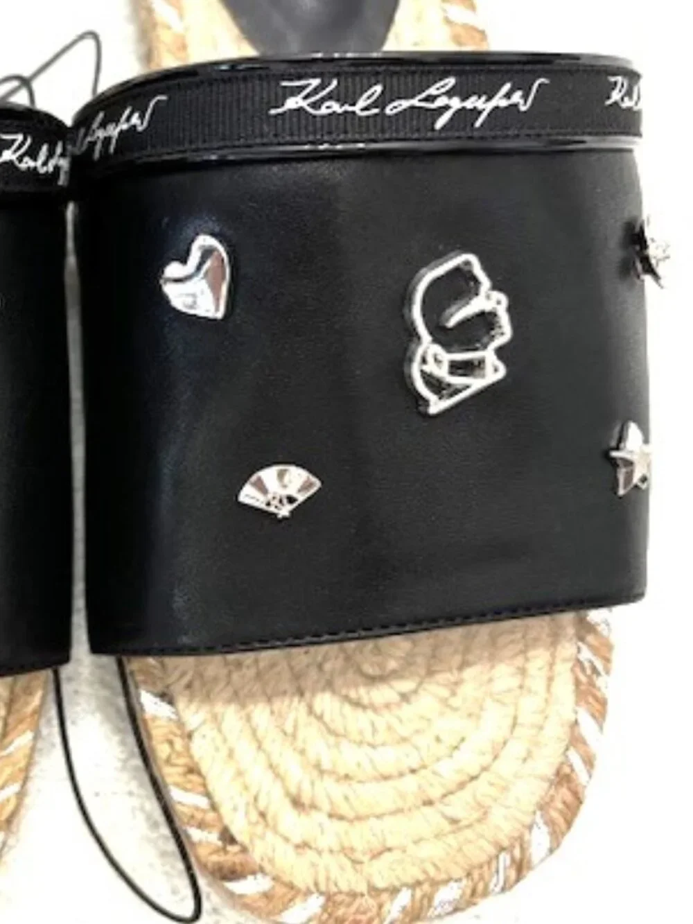 Karl Lagerfeld Paris Tulia black logo embellished slides with jute trim Size 8